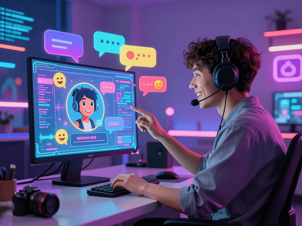 Engaging in a spicy chat session with holographic visuals and bright colors.