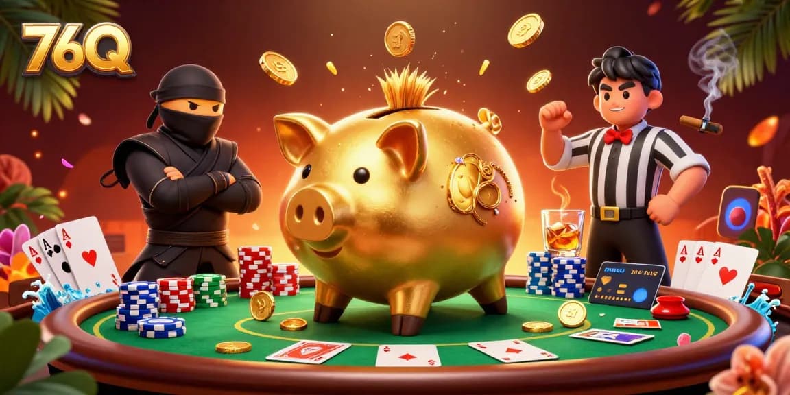 76Q apresenta um lutador de sumô de porquinho dourado, desenhando uma jogada emocionante no poker.