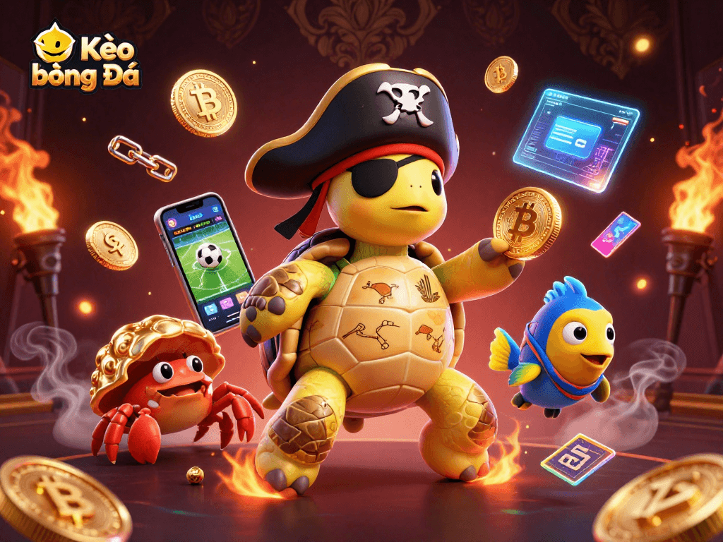 Kèo Bóng Đá showcases dynamic cartoon turtles and crabs among slot reels and cryptocurrencies.