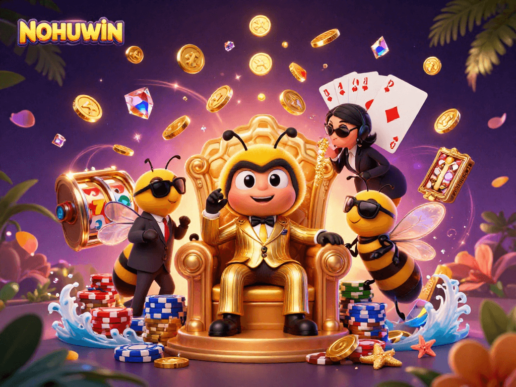 Experience NOHUWIN's exciting slot games with the mob boss in a dazzling casino setting.