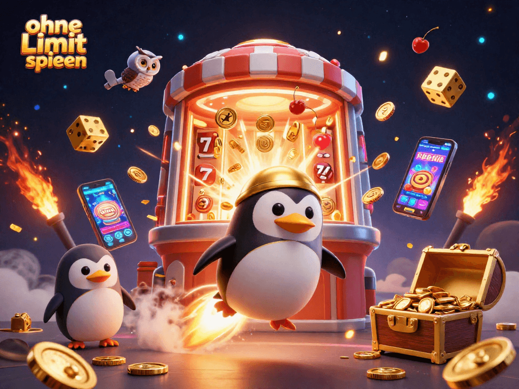 Engage with ohne Limit spielen through a vibrant 3D casino illustration featuring gaming elements and a golden penguin.