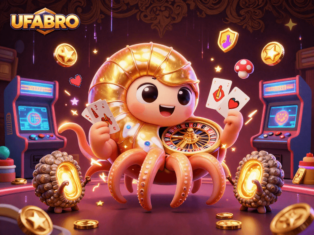 UFABRO offers a vibrant casino experience featuring an ancient nautilus roulette and glowing arcade machines.
