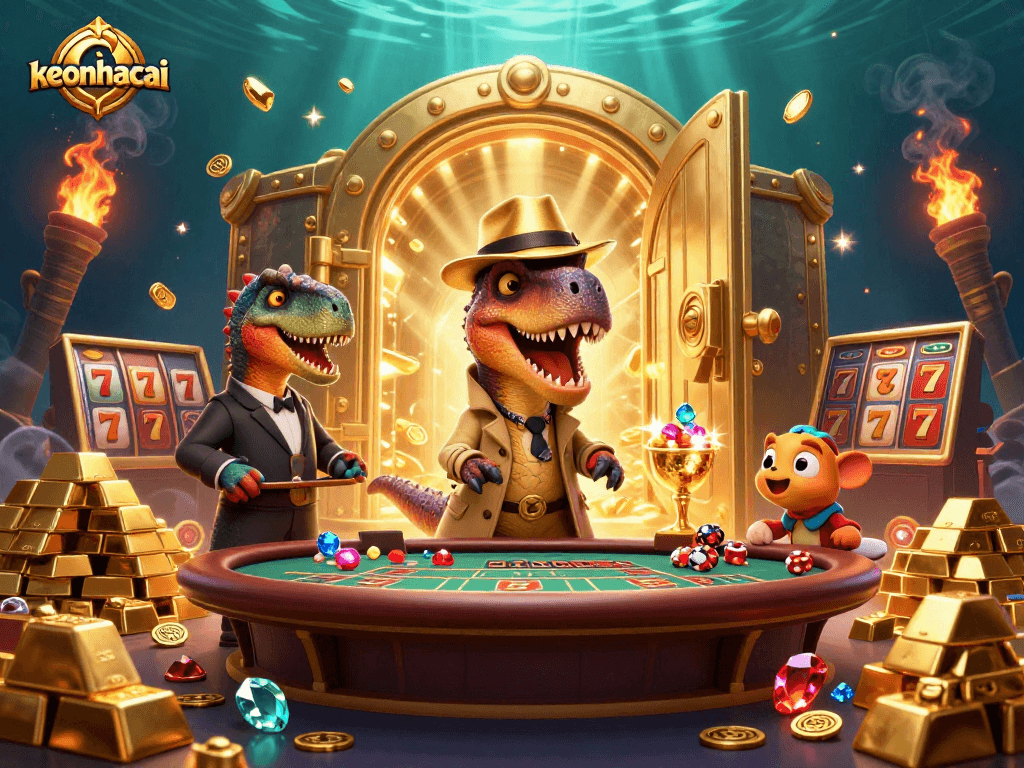 Watch the keonhacai velociraptor stealthily count cards amidst gold treasures at a vibrant blackjack table.