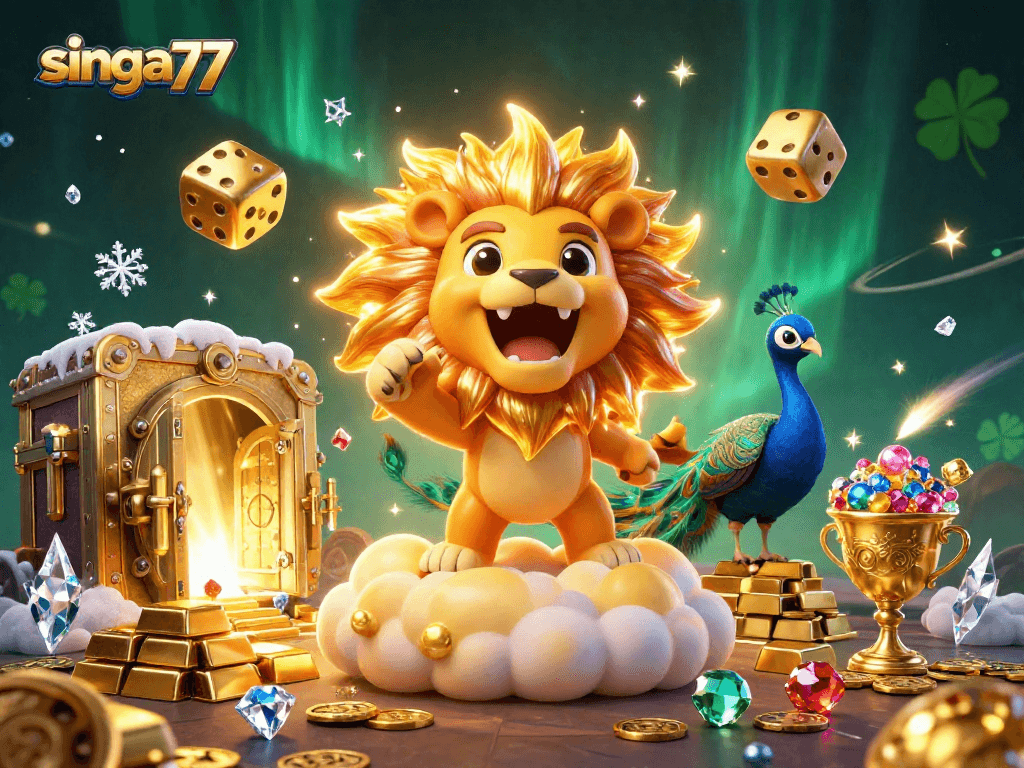 Singa77 showcases a vibrant 3D illustration of a roaring sun lion surrounded by casino treasures, enhancing the gaming experience.