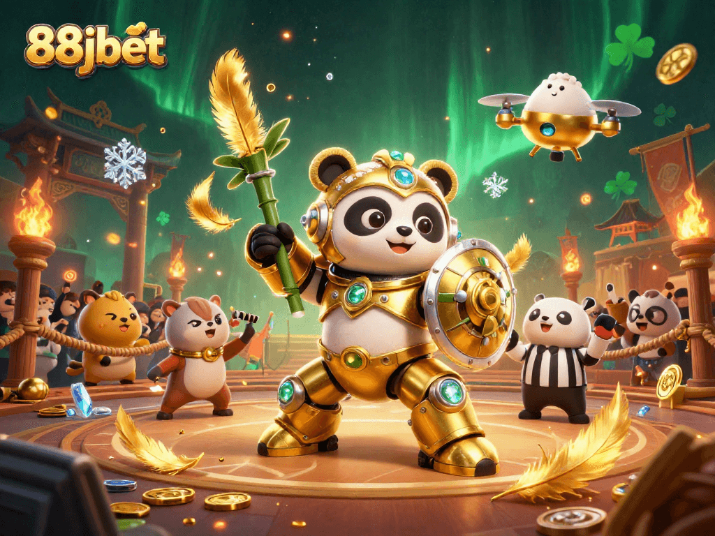 88jbet showcases an exciting mech-suit panda in a vibrant casino arena filled with cheering spectators.