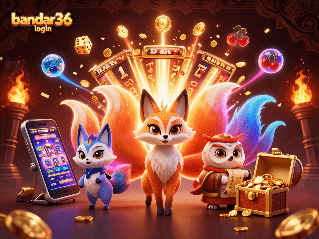 Gambarkan bandar36 login dengan mesin slot 3D dan karakter magis yang menari di sekitar, penuh warna.