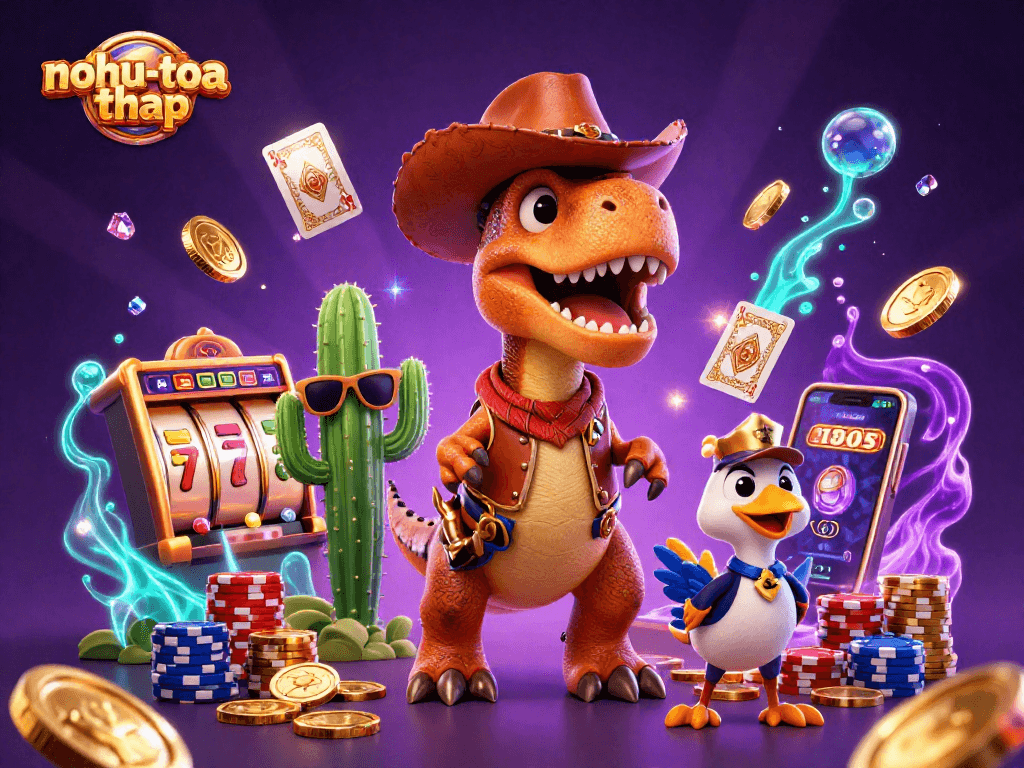 Experience thrilling gameplay with nohu-toa-thap, where cartoon characters interact amid cascading coins and slot reels.
