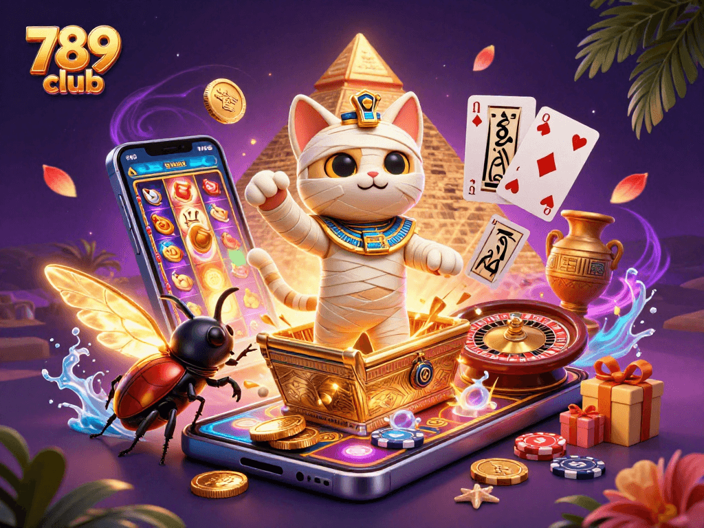 Discover exciting wins and gameplay at 789 club with a 3D scene of a mummy cat and thrilling casino elements.