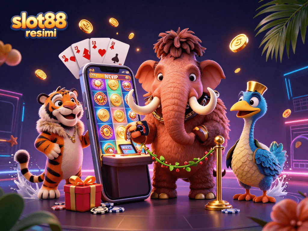Experience the excitement of slot88 resmi with a vibrant casino scene featuring unique characters and dynamic gaming elements.