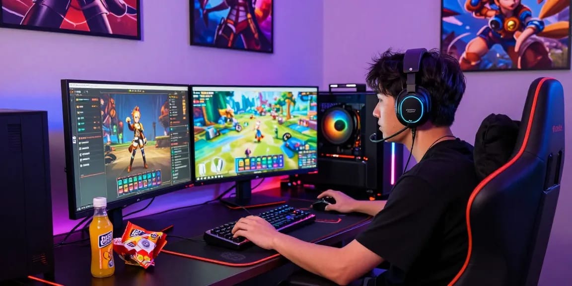 Gaming enthusiast enjoying gacha168 experience with vibrant setup and LED lights.