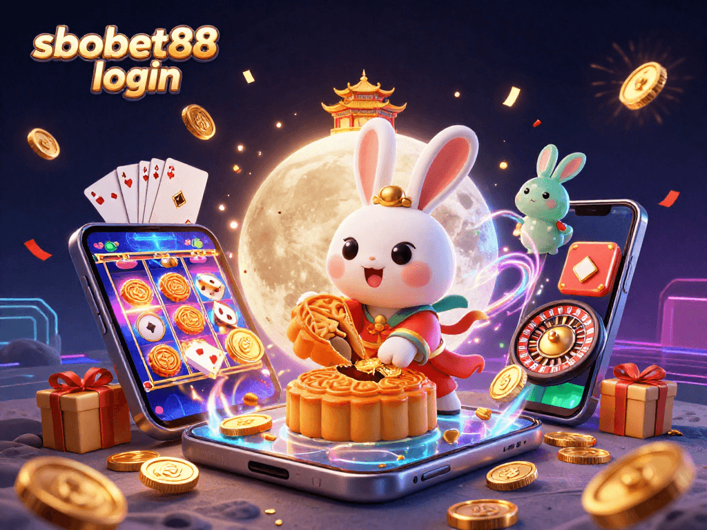 Experience sbobet88 login with a vibrant scene of traditional folklore rabbits and casino elements, perfect for your betting journey.