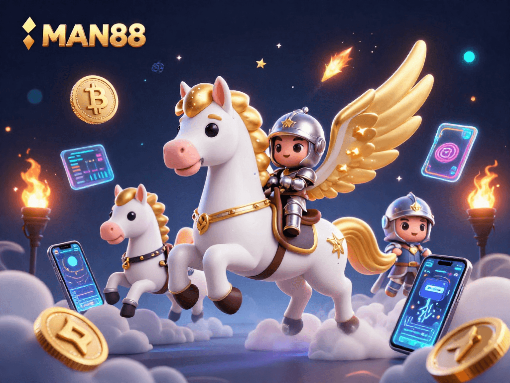 Play exciting games at MAN88 featuring a celestial horse galloping through clouds filled with cryptocurrencies and gaming elements.