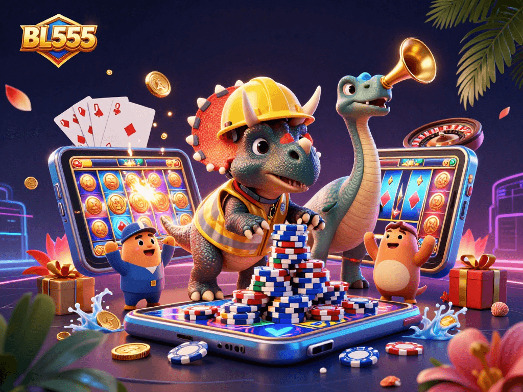 Engage in exciting casino fun with BL555, featuring a joyful triceratops building poker chips.