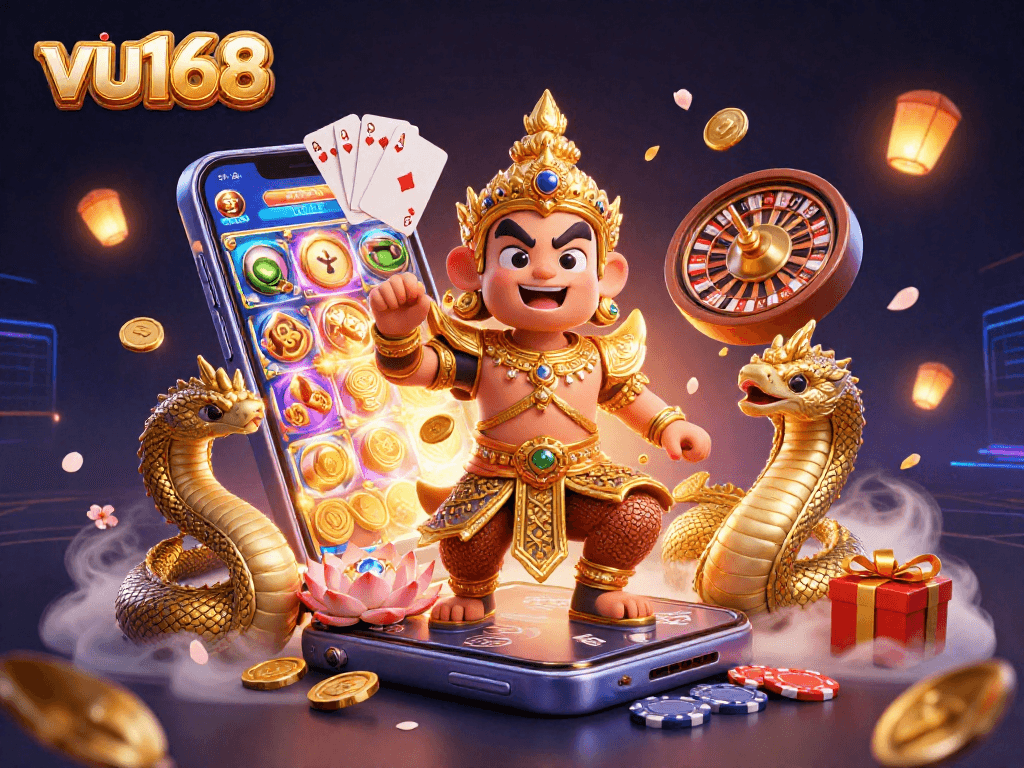 Engage with vu168's vibrant casino atmosphere, showcasing a thrilling slot gaming scene bursting with excitement.