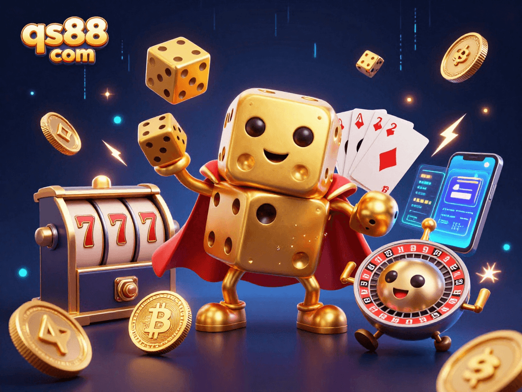 Engage with the qs88 com casino experience featuring a dynamic golden dice golem amid energetic gaming elements.