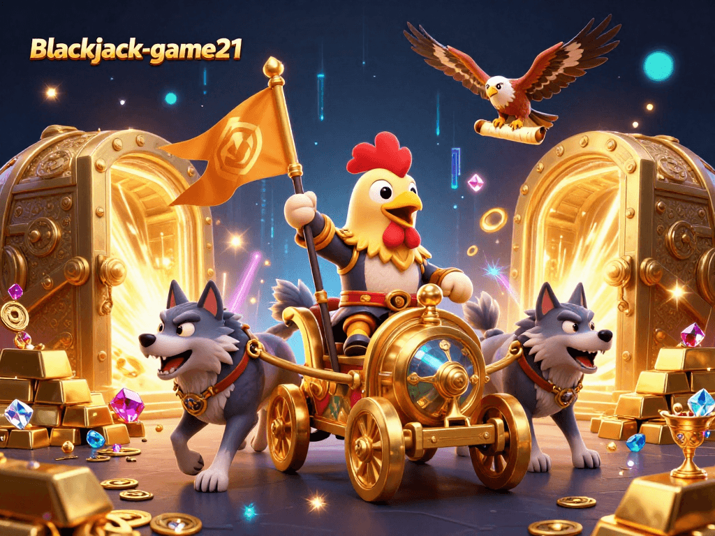 Experience the thrill of blackjack-game21 with a dynamic 3D illustration of gaming excitement and treasures.