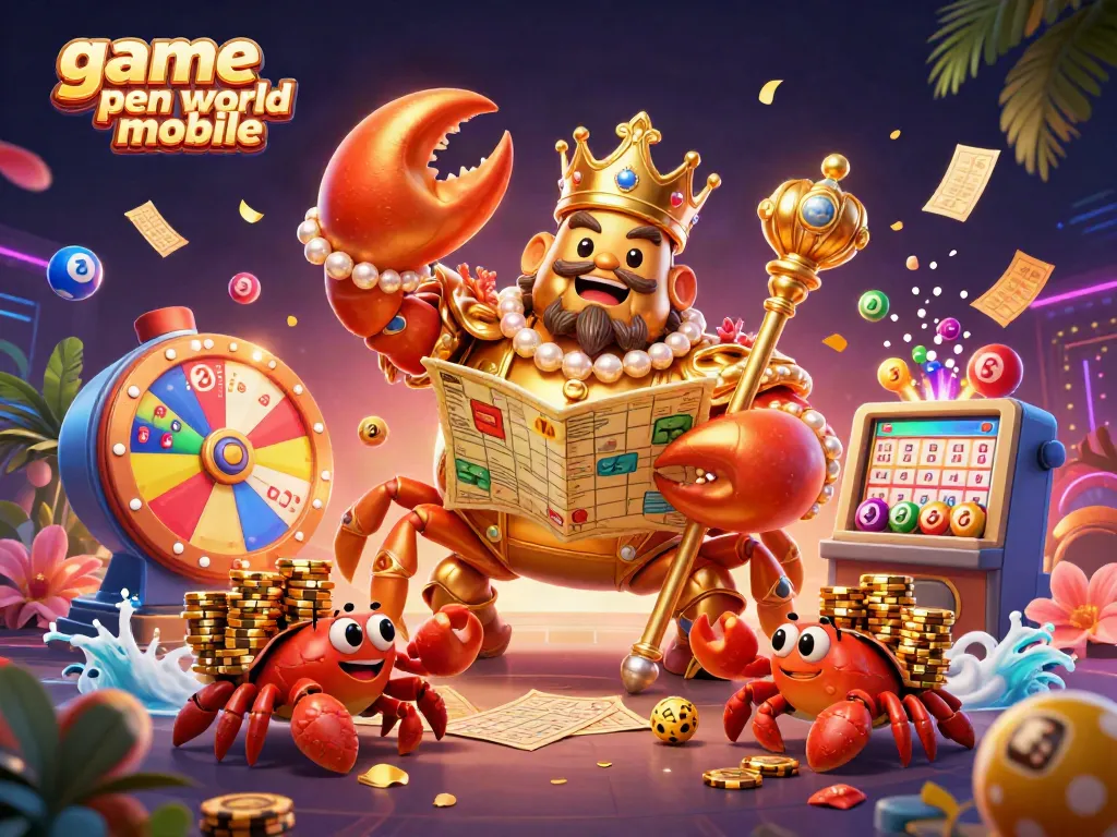 Menangkan game open world mobile dengan ilustrasi kartun 3D yang menggambarkan raja kepiting emas yang megah dan elemen kasino.