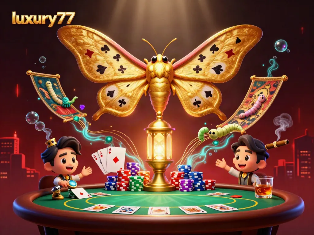 Play exciting poker scenes with luxury777 featuring vibrant casino elements and dynamic golden moths.