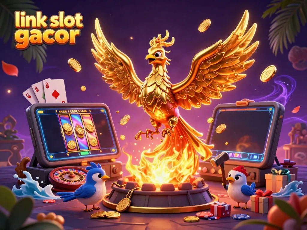 Spin to win with link slot gacor, featuring a golden phoenix and dynamic casino elements in 3D art.