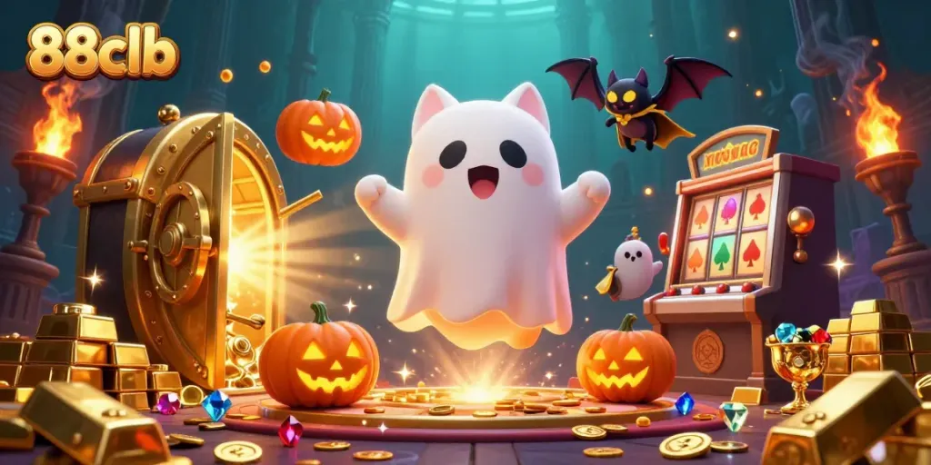 Engaging scene of a friendly ghost cat and a vampire bat exploring an enchanting casino, embodying the spirit of fun with 88clb.