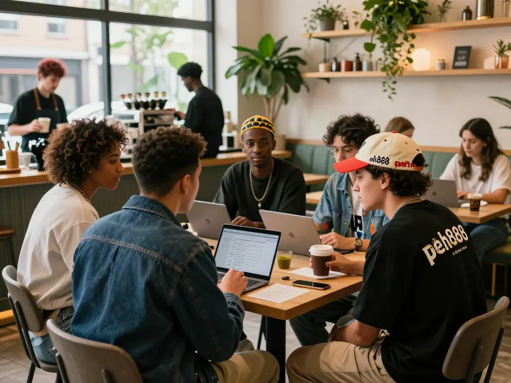 Group of young adults discussing entrepreneurship in a trendy café, featuring peh888 accessories.
