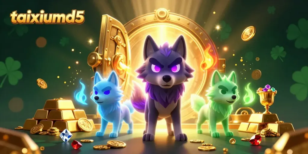 Experience the excitement of taixiumd5 with vibrant ghostly wolves and golden treasures spilling from a vault.