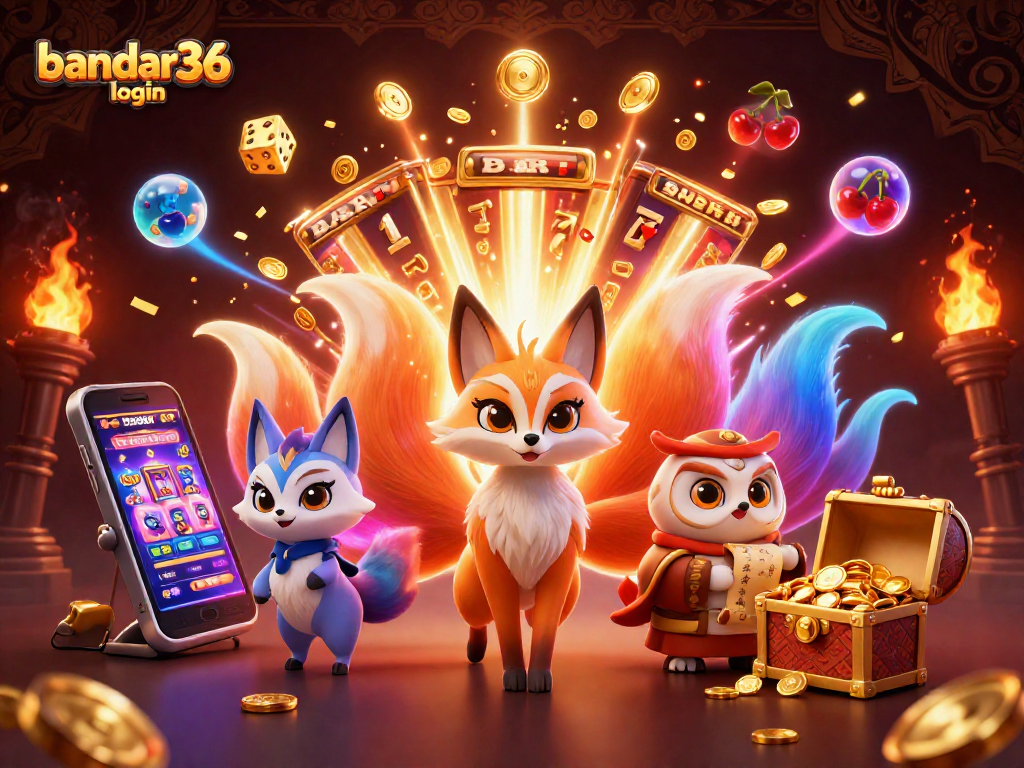 Gambarkan bandar36 login dengan mesin slot 3D dan karakter magis yang menari di sekitar, penuh warna.