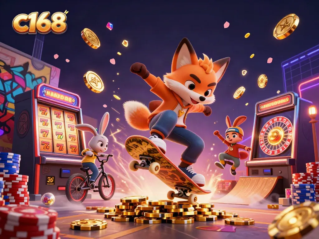 C168 characters skateboarding amidst crowded casino elements, showcasing vibrant gambling action.