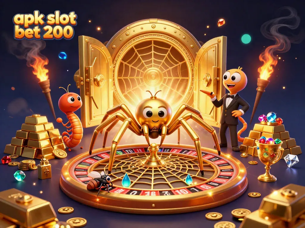 Spin and win with apk slot bet 200 in this vibrant casino scene featuring a golden spider and treasures.