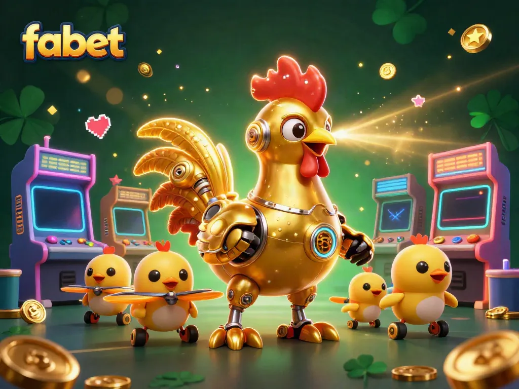 Engage with fabet's vibrant gaming world featuring a golden rooster and baby chick drones amidst lively casino elements.