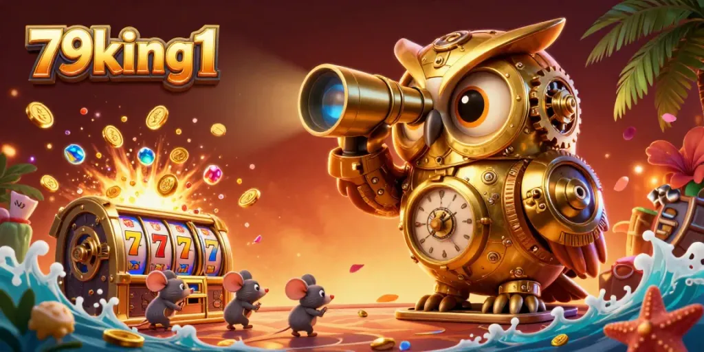 Experience thrilling casino adventures with 79king1, featuring a dynamic 3D illustration of a golden owl and mouse patrons.