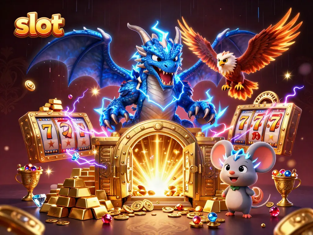 Engage in thrilling slot gameplay with a dynamic cartoon scene filled with winning symbols.
