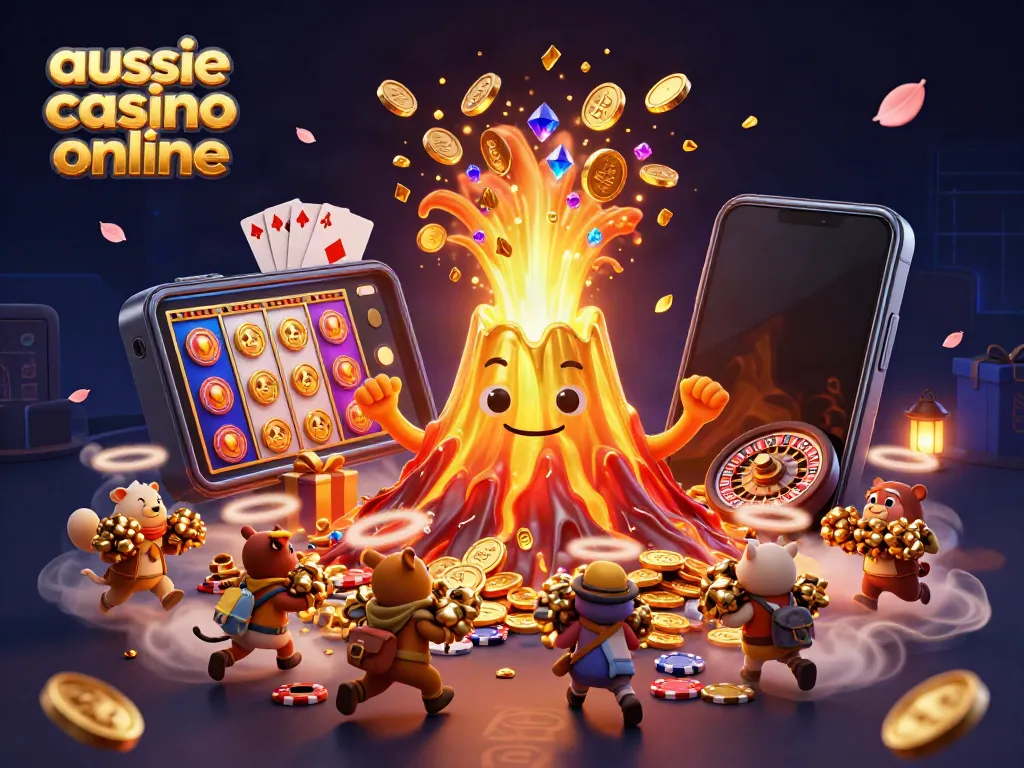 Aussie casino online illustration with a golden volcano erupting coins and gems, surrounded by exciting gaming elements.