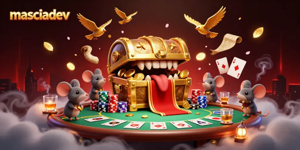 Engage with masciadev's casino interaction showcasing adventurer mice drawn to a treasure chest surrounded by poker elements.