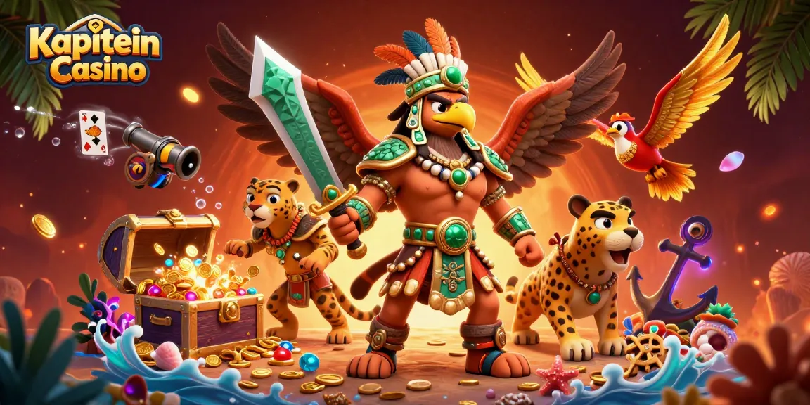 Kapitein Casino menampilkan pemandangan kasino dengan pejuang Aztec dan jaguar, harta karun laut, dan kartu bermain yang dinamis.