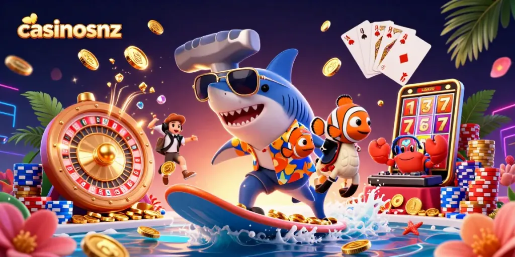 Experience the fun of casinosnz with a vibrant 3D cartoon scene full of casino excitement.