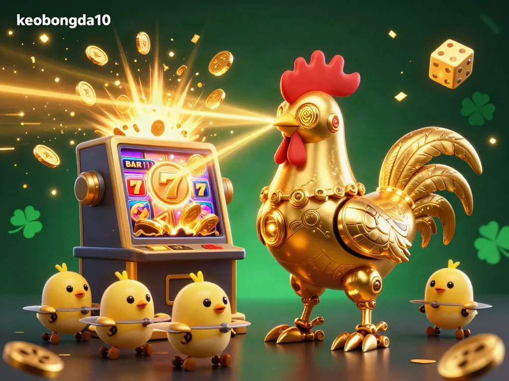 Experience keobongda10's thrilling engagement with a dynamic golden rooster robot and casino elements.
