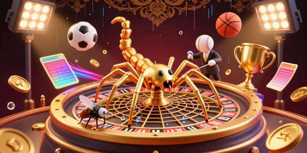 Engage with the pakde4d betting wheel featuring golden spider characters in a lively casino scene.