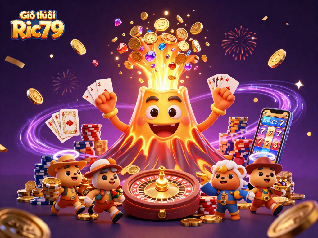Celebrate wins with Giới thiệu Ric79, showcasing a triumphant volcano amidst flying slots and poker treasures.