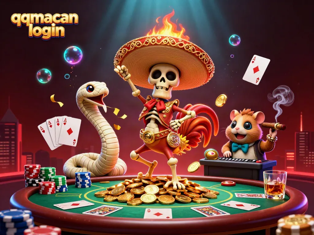 Experience the excitement of qqmacan login with a cartoon skeleton mariachi and vibrant casino elements.