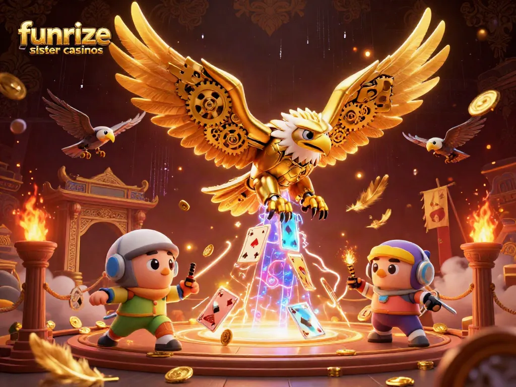 Engage with funrize sister casinos showcasing a cybernetic eagle surrounded by golden coins and holographic cards.