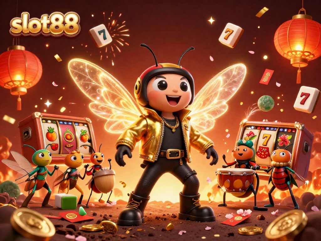 Menghadirkan slot88, karakter kartun 3D bernyanyi di kasino yang dikelilingi oleh simbol slot dan dekorasi meriah.