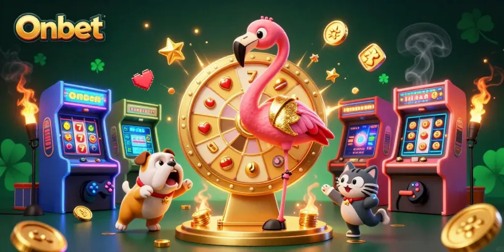 Spin the giant prize wheel at Onbet for exciting casino rewards with a flamingo game show host!