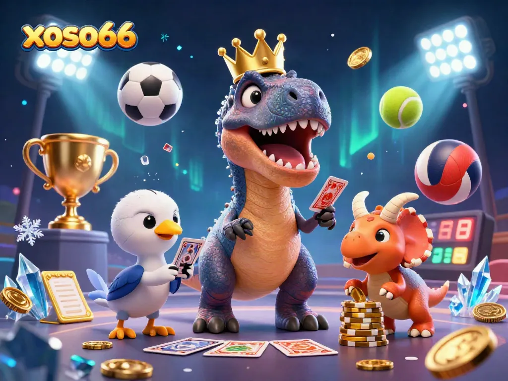Experience thrilling action with xoso66 in a vibrant, animated casino scene featuring a T-Rex and friends.