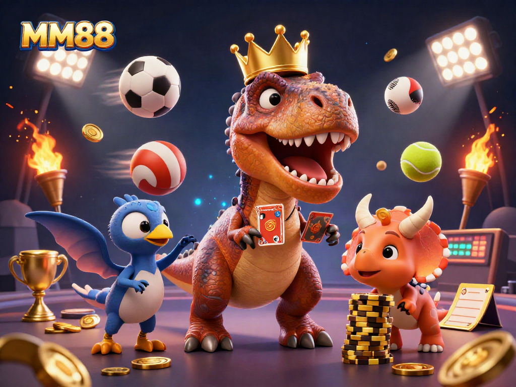 Experience thrilling sports betting with MM88 featuring a T-Rex and friends in a vibrant casino scene.