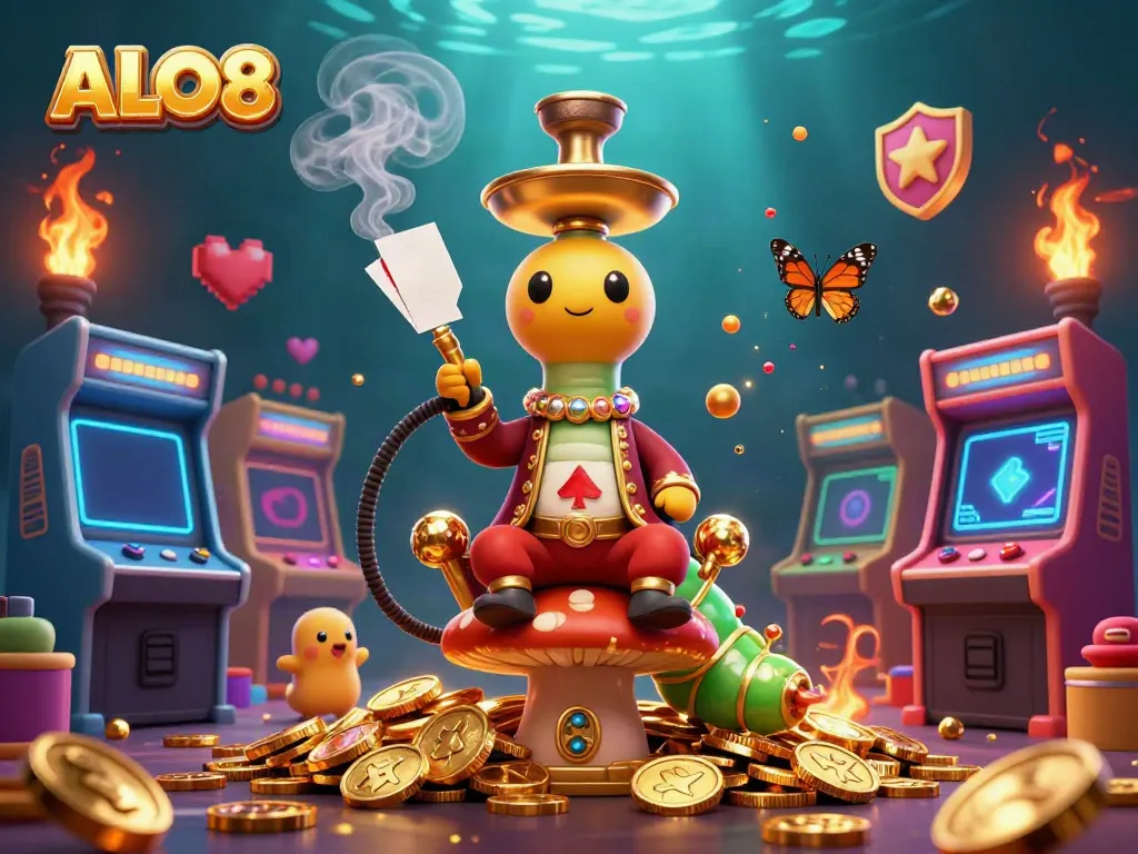 Engage with ALO8's dazzling 3D casino illustration featuring a vibrant hookah-master and game elements.
