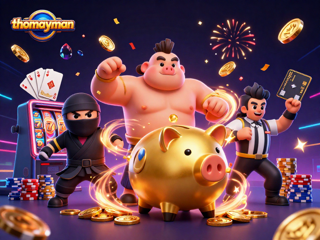 Engage in thrilling action with thomayman as a sumo piggy bank and ninja duel in a vibrant casino.