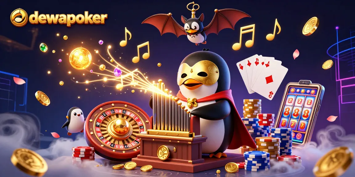 Dewapoker features a whimsical phantom penguin playing an organ amidst a dazzling casino scene.