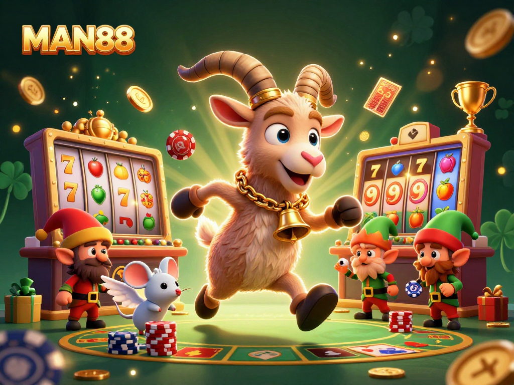 MAN88 showcases a dynamic casino scene with a Krampus goat and festive gremlins stealing chips.
