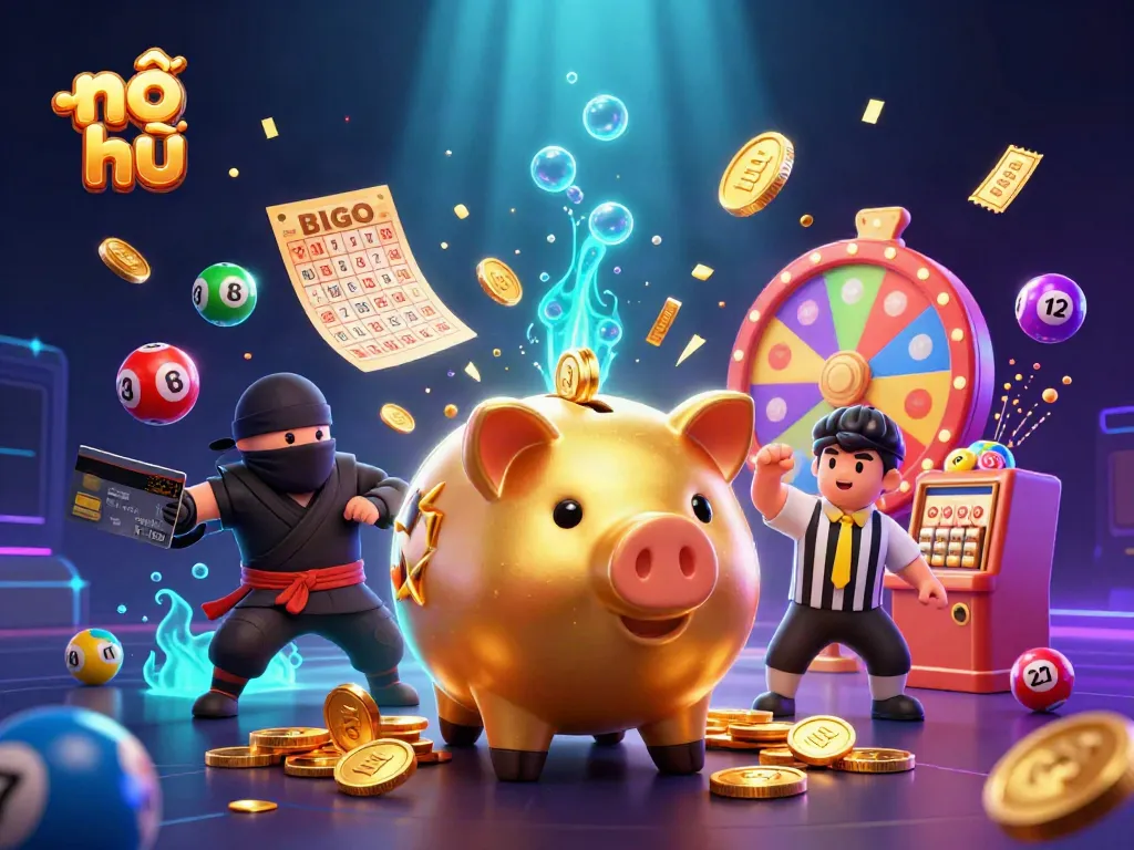 Engage with nổ hũ as a golden piggy bank sumo wrestler shakes loose coins in an exciting casino-themed scene.